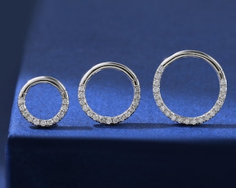 14K Solid White Gold Real Diamond Hoop Clicker, Gold Diamond Conch Rook Hoop Ring Earring, 14K Helix Cartilage Nose Hinged Huggie Hoop Ring