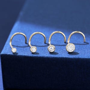14K Solid Gold S Shaped Diamond Nose Stud, Dainty Gold Diamond Screw Nose Piercing, Bezel Setting Diamond 20G Thin Nose Stud Jewelry