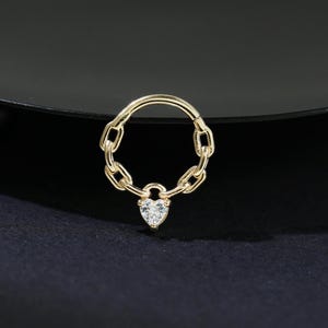 14K Solid Gold Heart Diamond Hoop Clicker, Hinged Link Septum Ring, Gold Daith Helix Piercing Hoop, Dainty Cartilage Nose Ring Jewelry