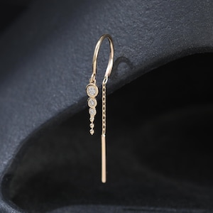 14K Solid Gold Triple Diamond Helix Threader Chime Stud, Drop Moissanite Rook Lobe Curved Bar Threader, Dangle Cartilage Long Chain Ear Line