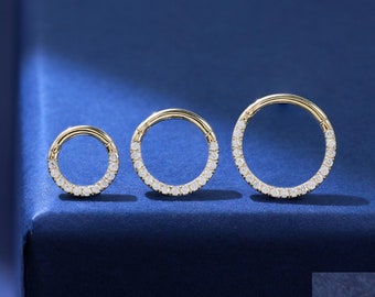 14K Solid Gold Diamond Helix Clicker Hoop, Daith Septum Ring, 16G Cartilage Huggie Earring, Gold Diamond Piercing Jewelry for Men & Women