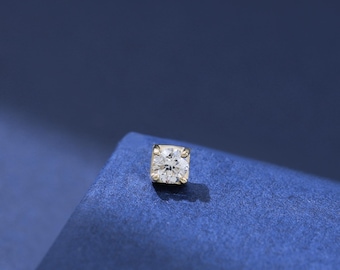 14K Solid Gold Diamond Square Flatback Stud, Real Diamond Earlobe Cartilage Internally Threaded, 14K Helix Conch Tragus Labret Piercing
