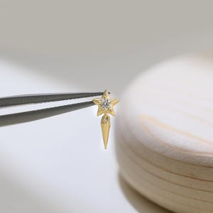 14K Solid Gold Diamond Star Dangle Earring, Internal Threaded Helix Cartilage Stud, Dainty Drop Tragus Piercing, Gift For Her