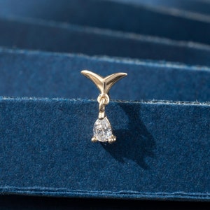14K Solid Gold Diamond Drop Screw Back Piercing, Real Gold Diamond Dangle Earlobe Stud, Dainty Helix Cartilage Conch Threaded Pin Earring