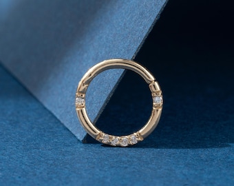 14K Solid Gold Diamond Cartilage Hoop Clicker, Real Gold Diamond Septum Huggie Hoop Earring, Cartilage Helix Nose Sleeper Piercing Ring