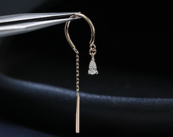 14K Solid Gold Moissanite Threader Chime Stud, Dangle Teardrop Rook Curved Bar Threader Piercing, Drop Gemstone Earlobe Long Chain Ear Line