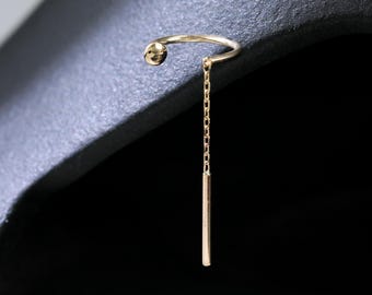 14K Solid Gold Dangle Curved Bar Threader Earring, Dainty Long Chain Ear Line Wrap Stud, Minimalist Pull Through Helix Cartilage Hoop Ear