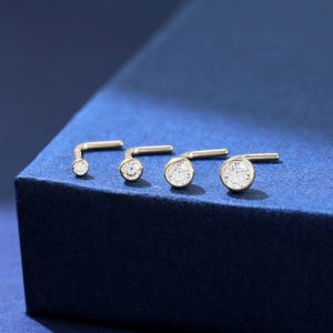 Piercing nasal de diamante en forma de L de oro macizo de 14 quilates, microperforación nasal con diamantes de oro fino, 1,5 mm, 2,0 mm, 2,5 mm y 3,0 mm, 20 g.