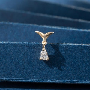 14K Solid Gold Diamond Drop Screw Back Piercing, Real Gold Diamond Dangle Earlobe Stud, Dainty Helix Cartilage Conch Threaded Pin Earring