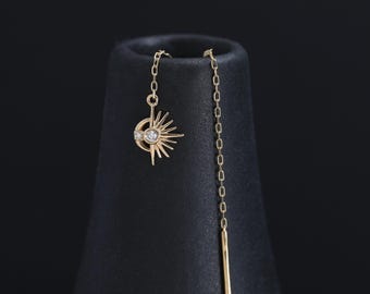 14K Solid Gold Diamond Sunburst Helix Threader Earring, Delicate Moon Cartilage Dangle Ear Wine Piercing, Drop Chain Earlobe Pull Though