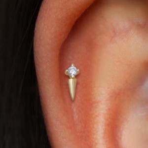 14K Solid Gold Tiny Toy Diamond Stud, Gold Diamond Spike Sting Helix Tragus Threaded Pin, Conch Cartilage Labret Internal Threaded Flat Back