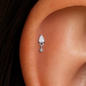 14K Solid White Gold Dangle Diamond Screw Back Stud, Teardrop Diamond Earlobe Tragus Earring, White Gold Helix Cartilage Flat Back Piercing