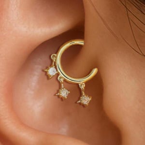 14K Solid Gold Dangle Diamond Nose Hinged Clicker, Triple Stars Daith Seamless Clicker Earring, Moissanite Septum Ring Huggie Hoop 16G