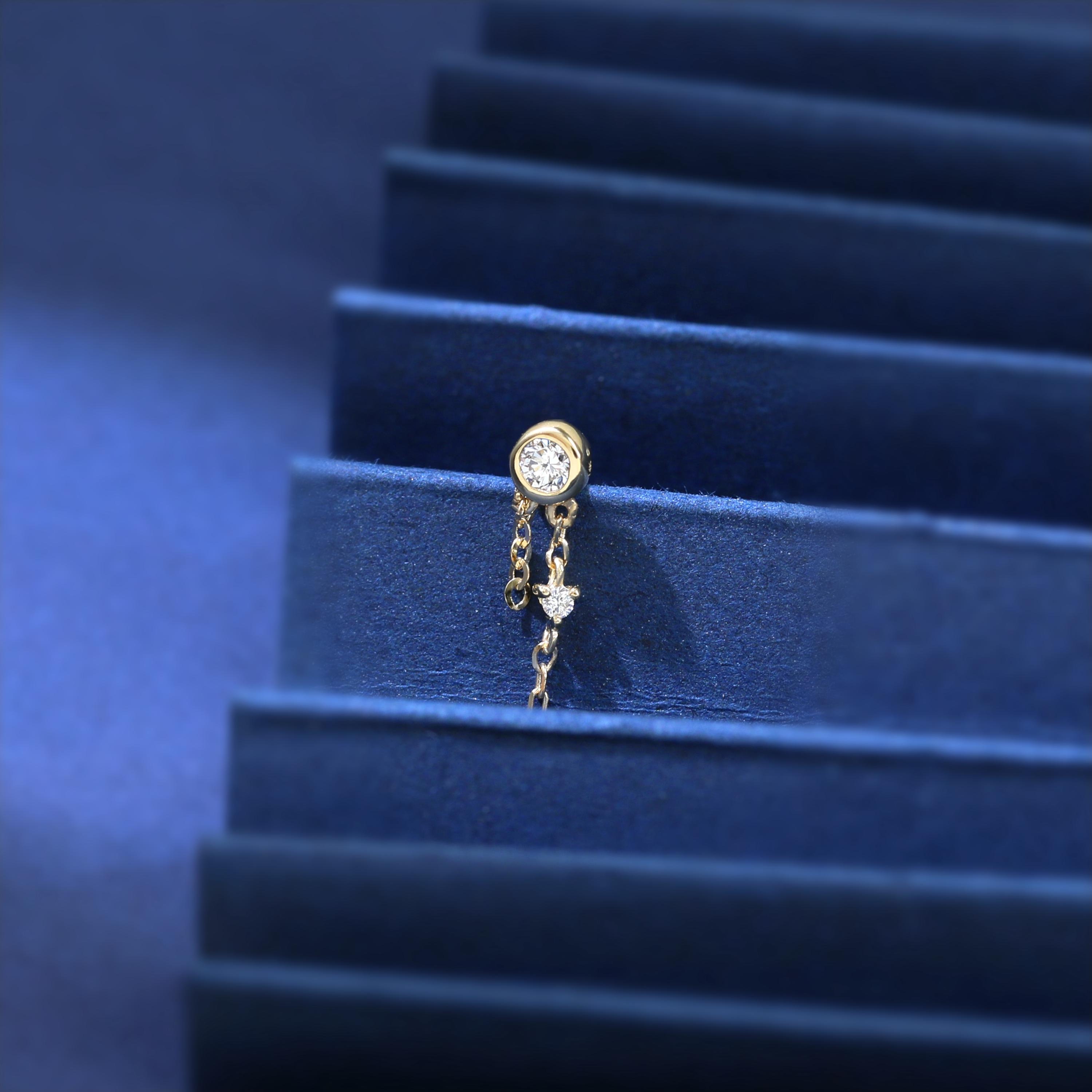14K Solid Gold Dangle Diamond Screw Flat Back, Real Diamond Helix Dangle Chain Screw Back Piercing, Gold Cartilage Earlobe Threaded Pin Stud