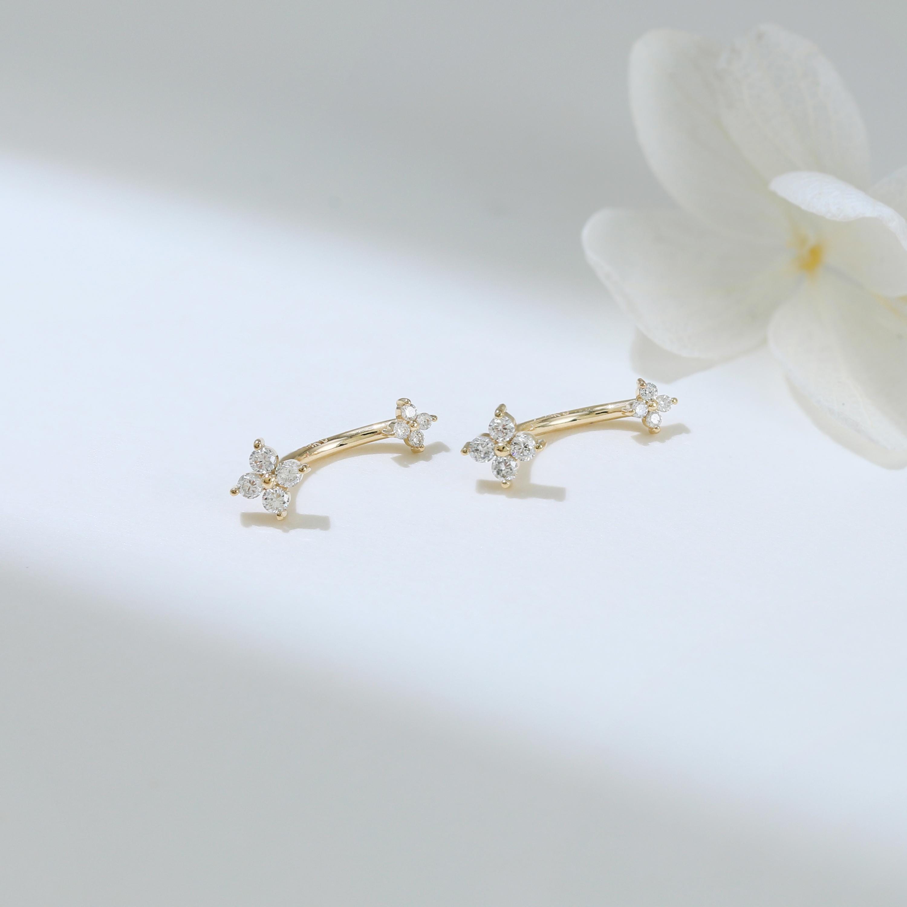 14K Solid Gold Diamond Flower Curved Rook Piercing, Double Floral ...