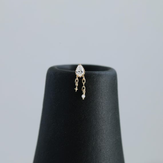 14K Solid Gold Teardrop Diamond Helix Stud Earring, Drop Double Chain Cartilage Screw Back, Dangle Celestial Star Earlobe Piercing Jewelry