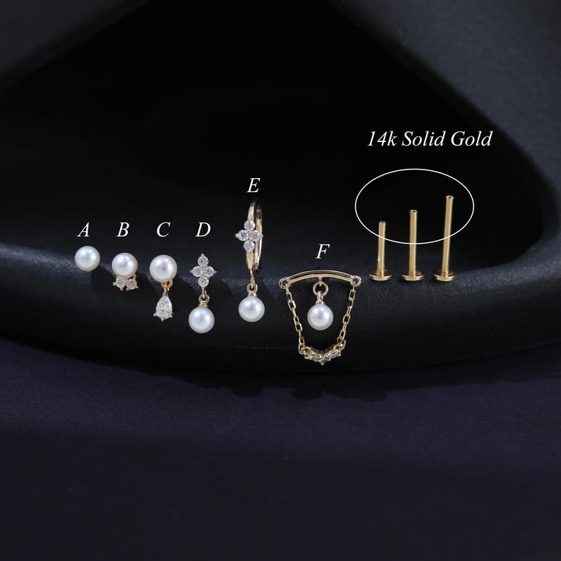 14K Solid Gold Pearl Diamond Helix Flat Back, Delicate Flower Cartilage ...