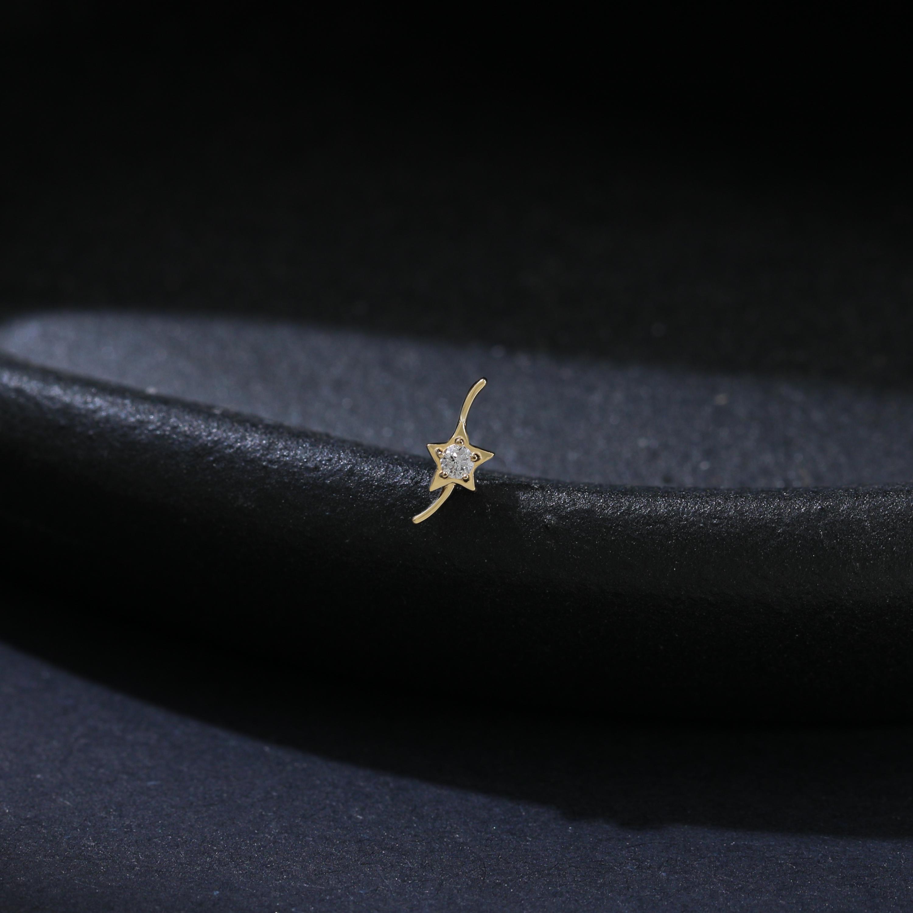 14K Solid Gold Diamond Star Threadless Push Pin, Real Diamond Helix Internal Threaded Climber Earring, Star Earlobe Cartilage Flat Back Stud