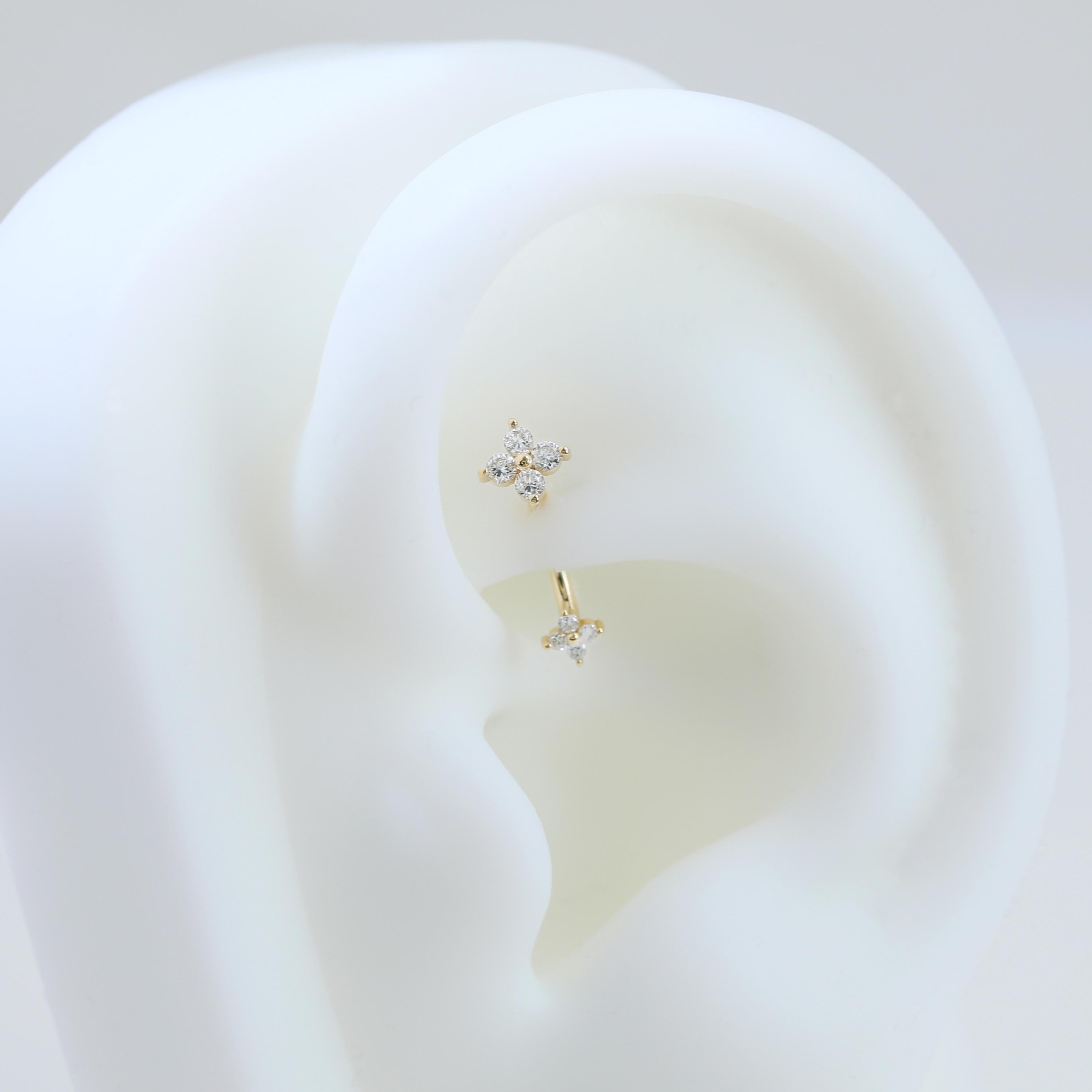 14K Solid Gold Diamond Flower Curved Rook Piercing, Double Floral ...