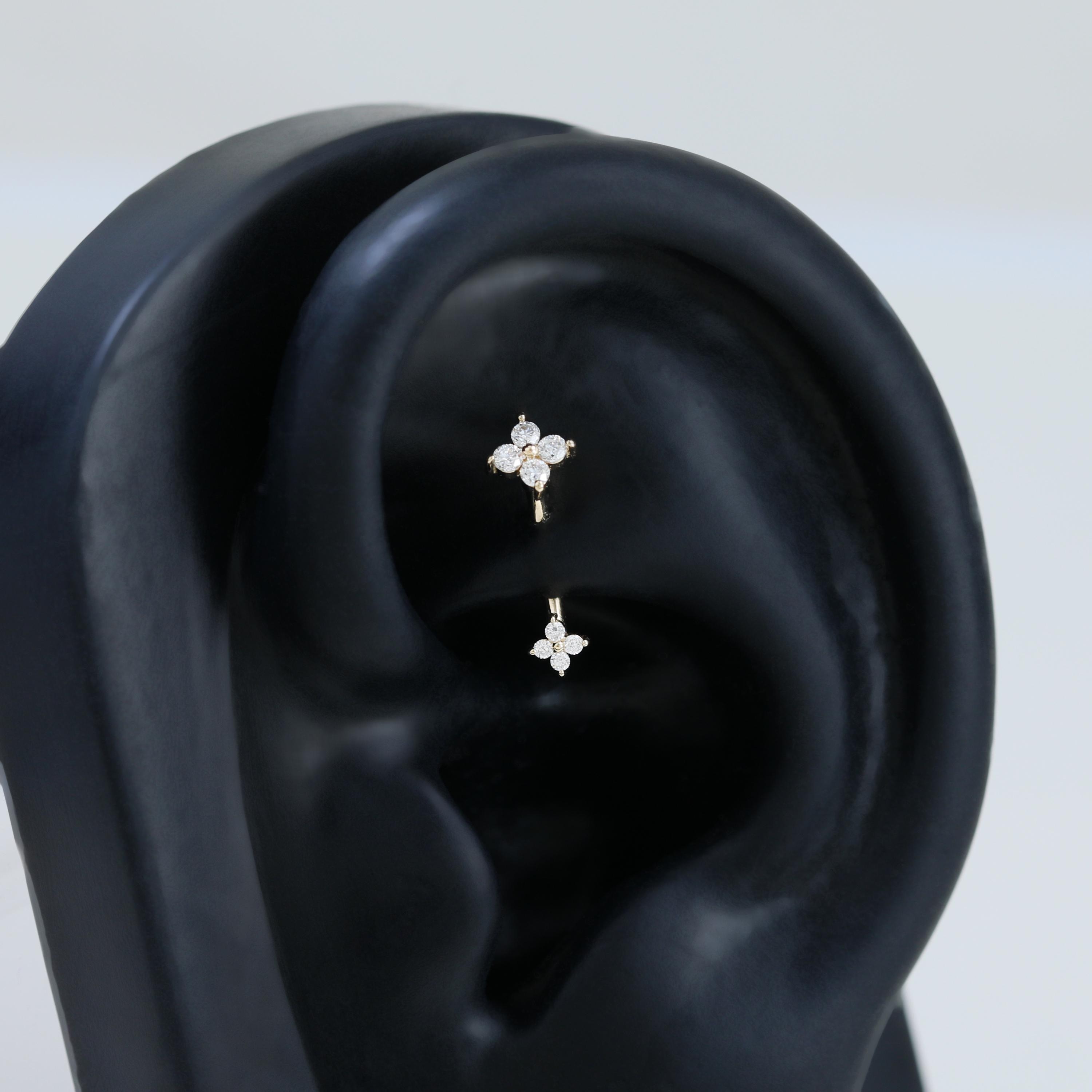 14K Solid Gold Diamond Flower Curved Rook Piercing, Double Floral ...