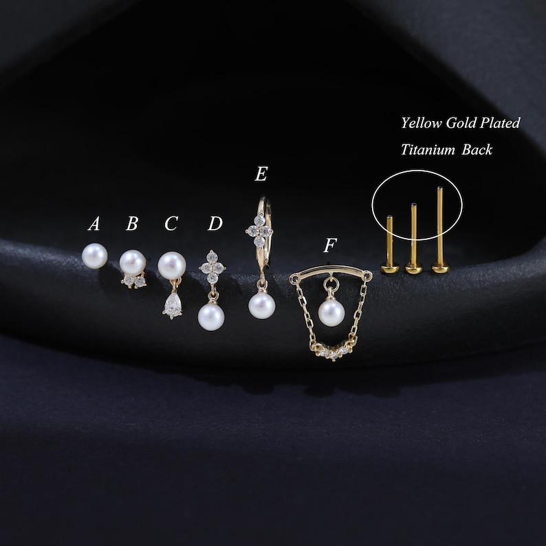 14K Solid Gold Pearl Diamond Helix Flat Back, Delicate Flower Cartilage ...