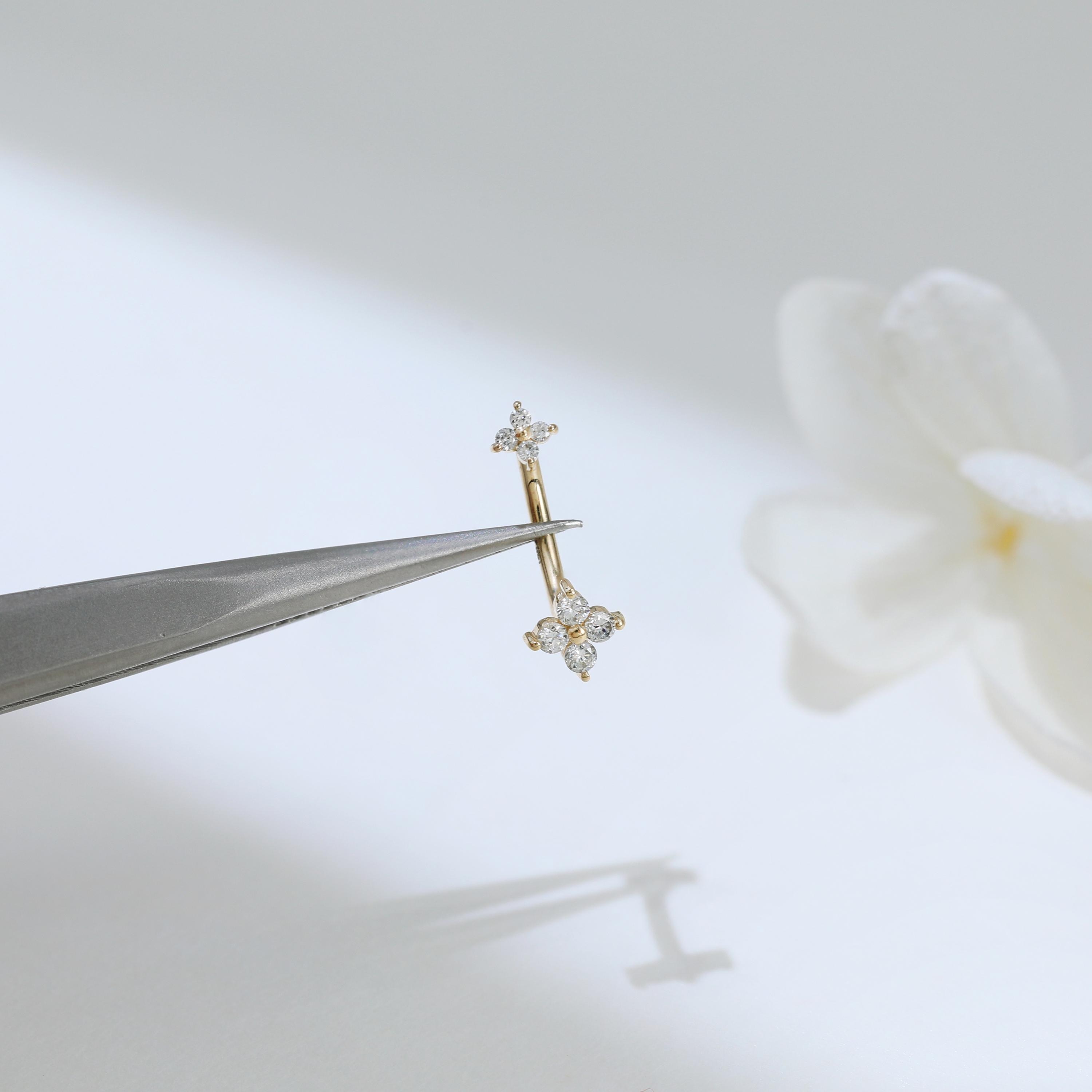 14K Solid Gold Diamond Flower Curved Rook Piercing, Double Floral ...