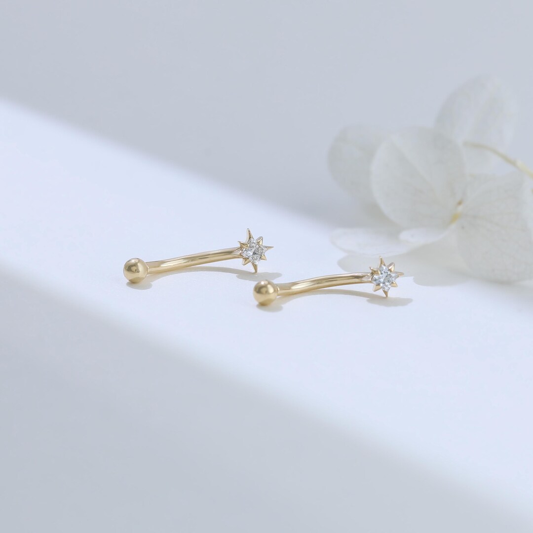 Star Rook Piercing 14K Solid Gold Starburst Diamond Curved Rook Piercing, Moissanite Star ...