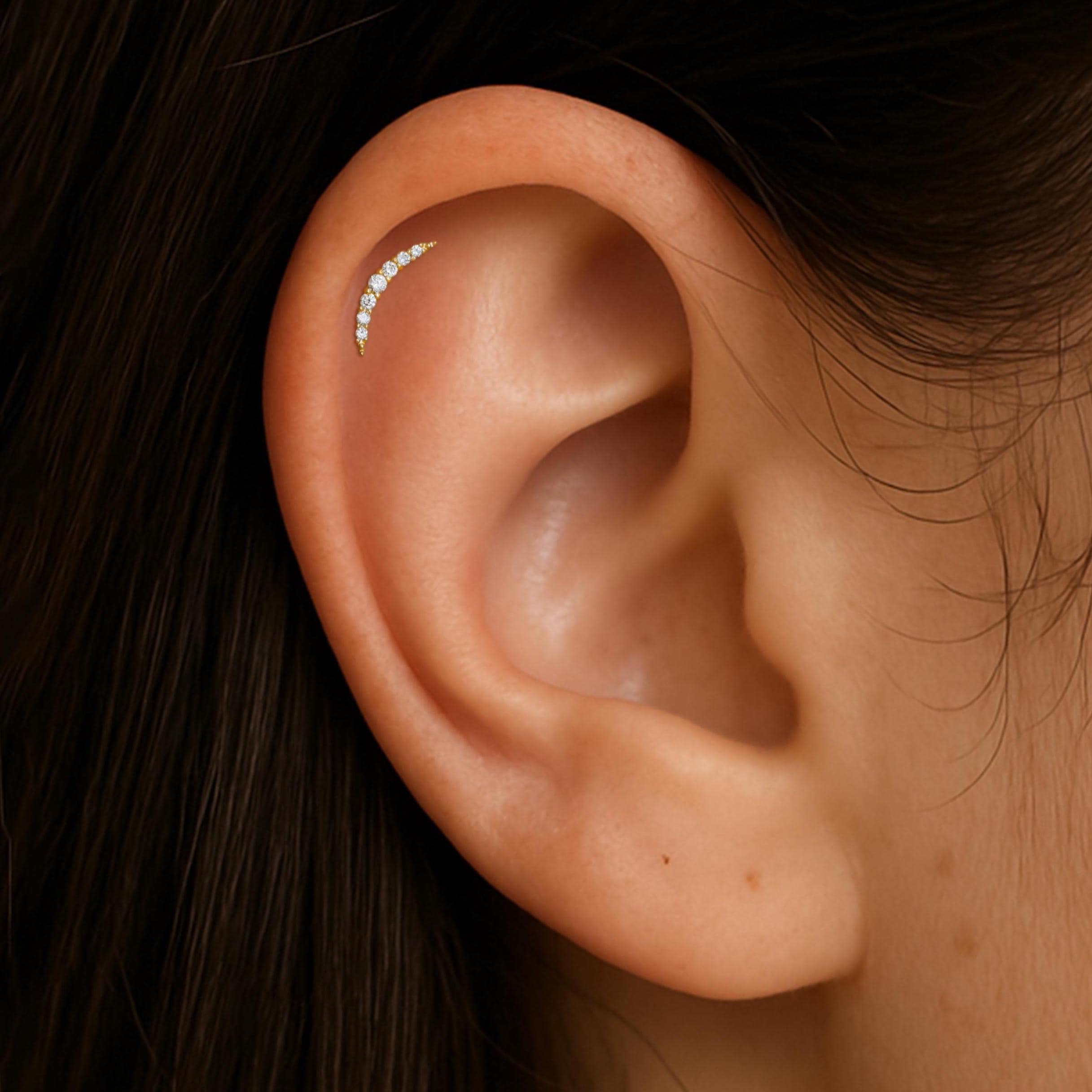 14K Solid Gold Pave Diamond Cartilage Climber Earring, Gold Helix Curved Flat Back Stud, Real Diamond Earlobe Internal Threaded Piercing 18G