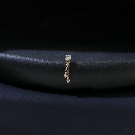 14K Solid Gold Diamond Dangle Internal Threaded, Delicate Double Chain Earlobe Screw Back, Gold Drop Helix Cartilage Piercing, Gift for Her