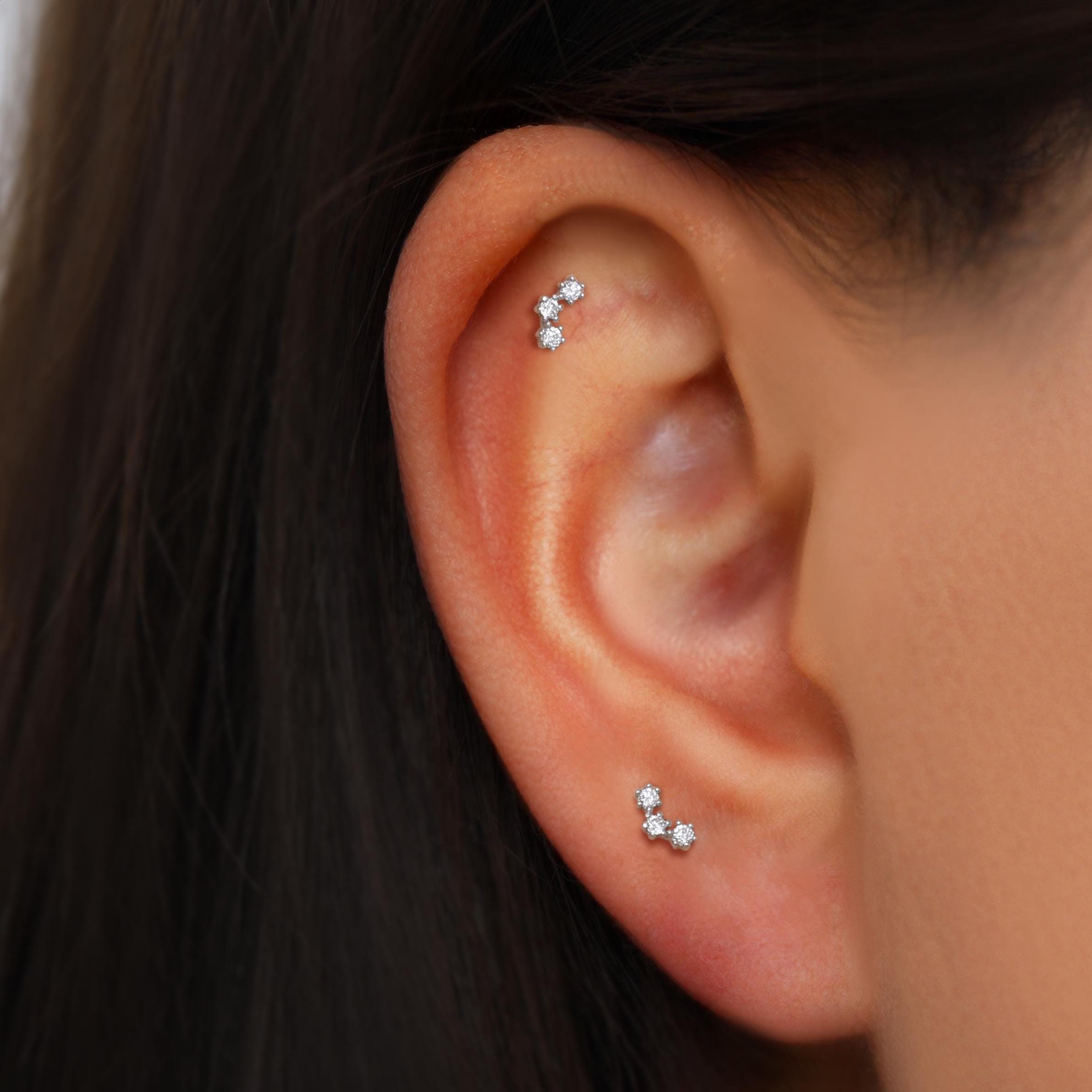 14K Solid White Gold Diamond Three Dot Internal Threaded, Real Diamond Tragus Screw Back Earring, Helix Earlobe Cartilage Climber Flat Back