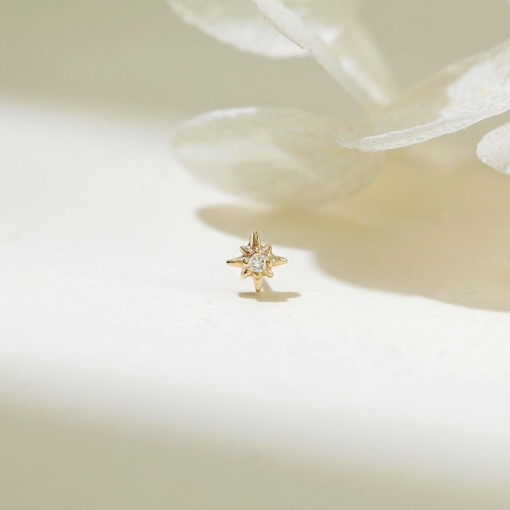 14K Solid Gold Diamond Star Threadless Earring, Real Diamond Helix Conch Tragus Cartilage Earring, Tiny Star Nose Labret Flat Push Back Stud