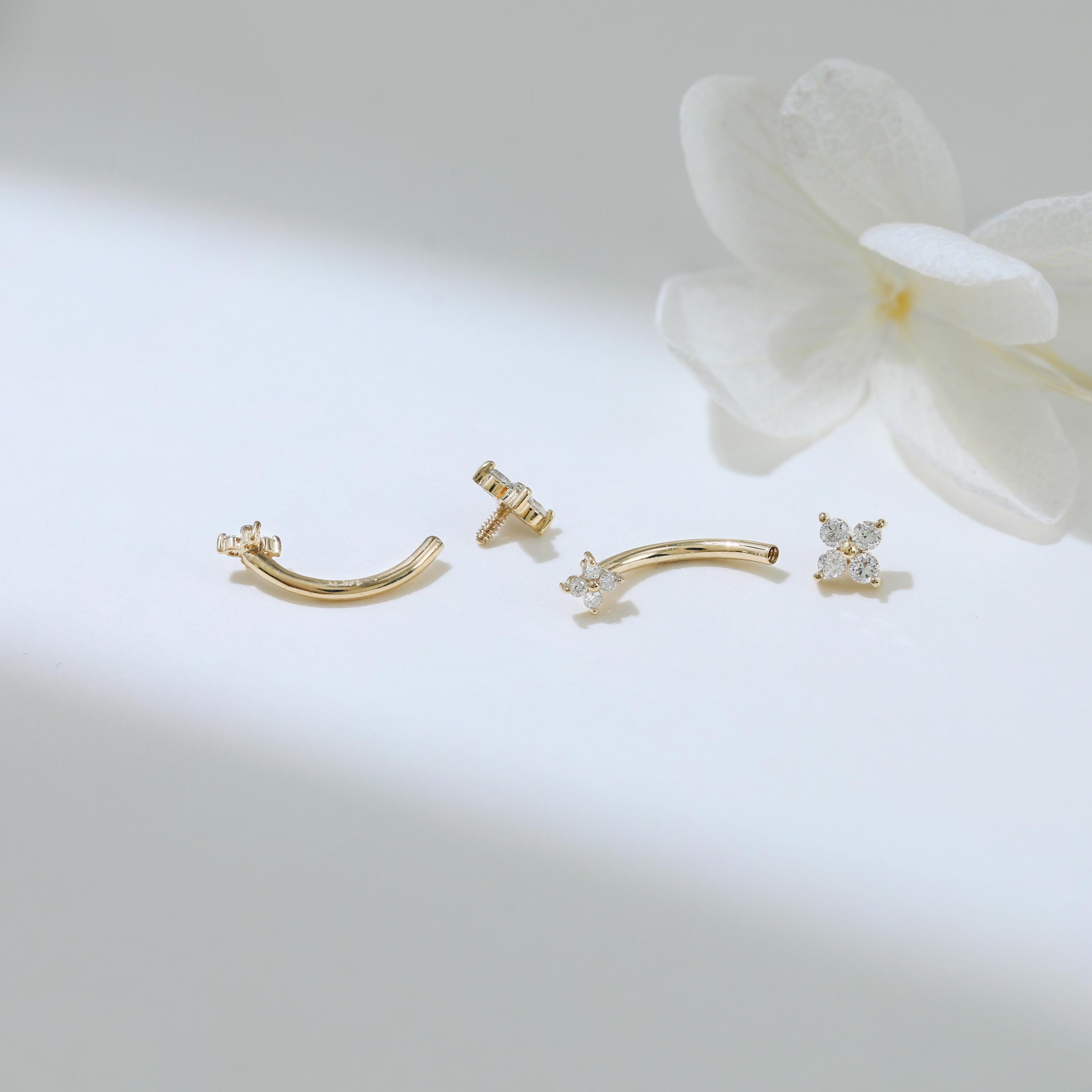 14K Solid Gold Diamond Flower Curved Rook Piercing, Double Floral ...