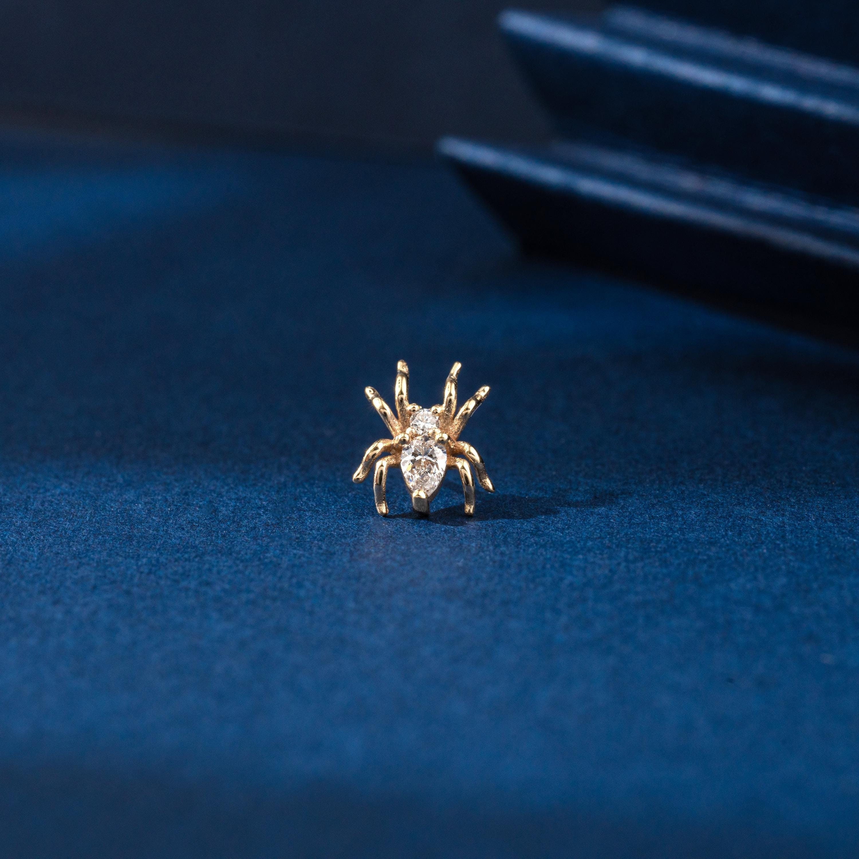 14K Solid Gold Diamond Spider Internal Threaded Stud, Real Diamond Helix Cartilage Conch Piercing, Gold Earlobe Screw Flat Back Earring