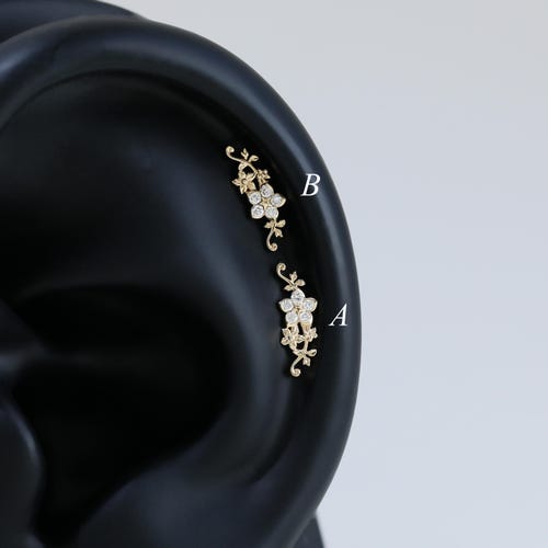 14K Solid Gold Flower Climber Diamond Helix Earring, Delicate Floral Cartilage Threadless Pin, Plant Earlobe Piercing Jewelry, Gift for Her