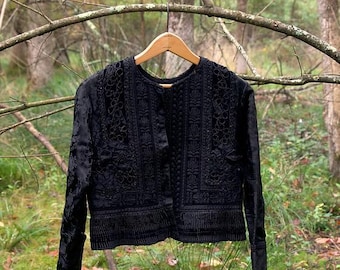 Handmade Victorian Women’s Cropped Silk Mourning Jacket with Structured Ruffle and Beaded Detailing