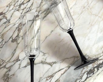 Set of Two Tall Faceted Champagne Flutes - Octime Black