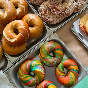 May include: A selection of bagels, including plain, everything, and rainbow bagels. The bagels are displayed in trays and are ready to be enjoyed.