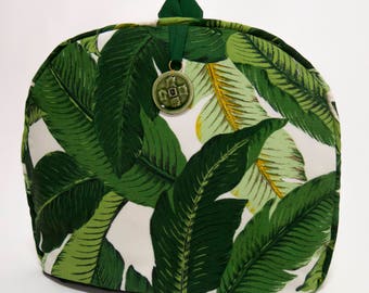 Tea Cozy/ Cosy / Palm Print -Tommy Bahama fabric / with Asian Ceramic Embellishment