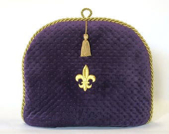 Tea Pot Cozy/ Cosy - Velvet -Violet with Gold Fleur de Lis, Gold tassel and Gold Braid