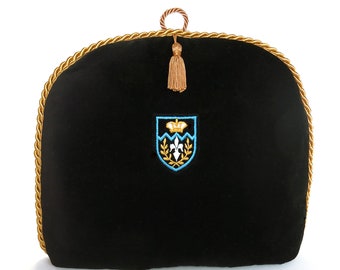 Tea Cozy/ Cosy - Velvet-Black with Royal Crest Gold Crown - Blue Border -Gold Tassel and Gold Braid