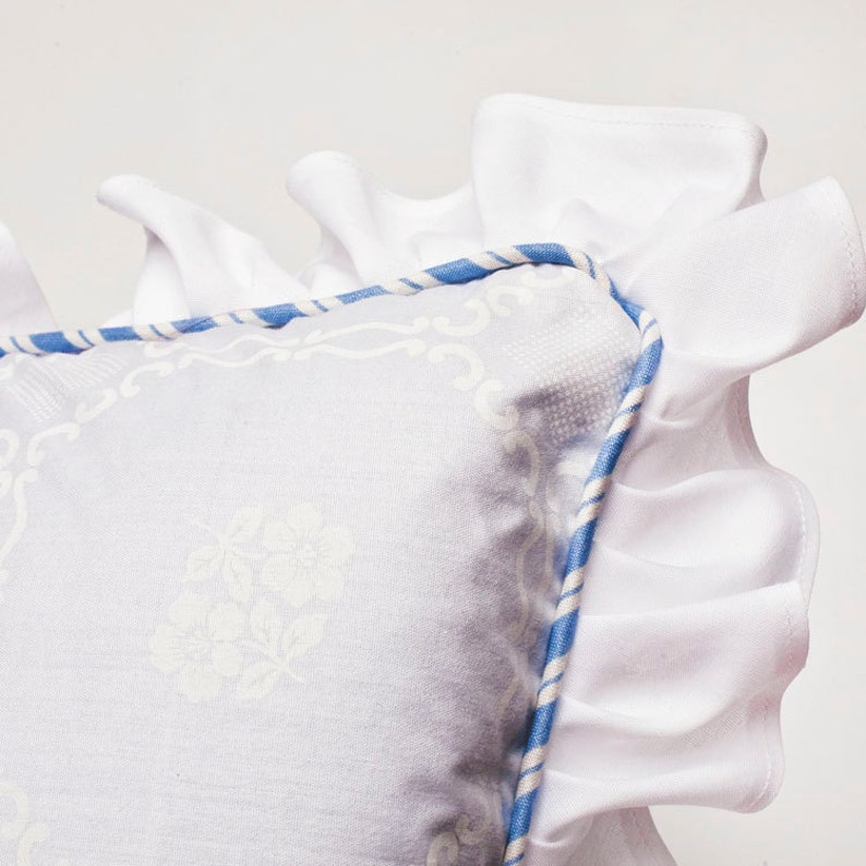 Pillow Shams w/ Ruffle / Navy Blue Floral Center/ White/ Etsy