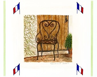 French Iron Garden Chair /Giclee Print / Watercolor