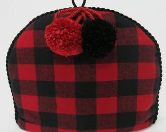 Tea Cozy /Cosy -Buffalo Check- Cabin Chic - Red and Black Check with Pom Poms