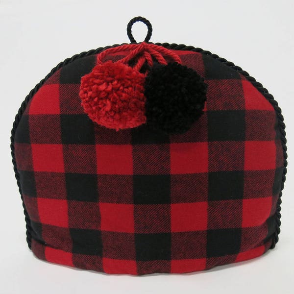 Tea Cozy /Cosy -Buffalo Check- Cabin Chic - Red and Black Check with Pom Poms