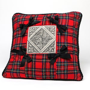 Tartan - Plaid Pillow / Cushion Cover / Red Royal Stuart Tartan with Medieval Griffin Motif