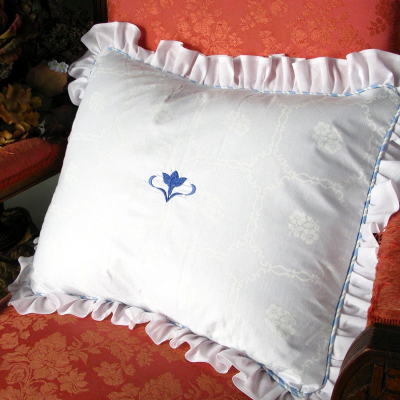 Pillow Shams w/ Ruffle / Navy Blue Floral Center/ White/ Etsy