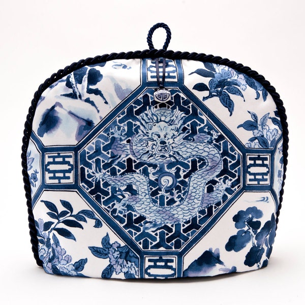 Tea Cozy / Cosy - Ralph Lauren vintage fabric / Chinoiserie / Blue & White with Dragon Motif and Glass Bead Charm