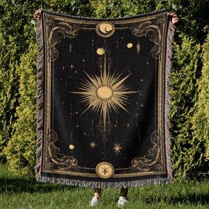 Celestial Woven Blanket, Boho Sun and Moon Throw, Gothic Astrology Tapestry, Mystical Stars Woven Throw, Bed Blanket, Sofa Cover, Home Decor
