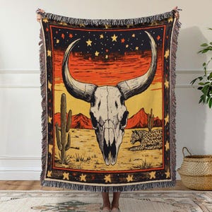Southwestern Cow Skull Tapestry Blanket Leopard Desert Woven Throw for Wall Sofa or Bed Boho Hippie Car Decor or Vintage Gift for Him
