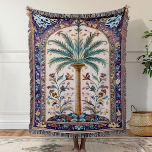 Vintage Palm Tree Tapestry Sofa Blanket Boho Wall Hanging Tropical Botanical Woven Throw  Beach House Decor Persian Islamic Home Decor